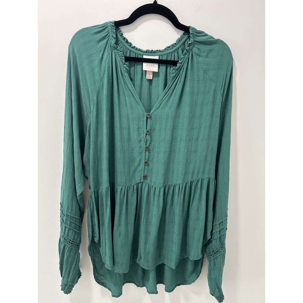 Knox Rose Womens Green Textured Peasant Blouse Lace Tiered Babydoll Top Large